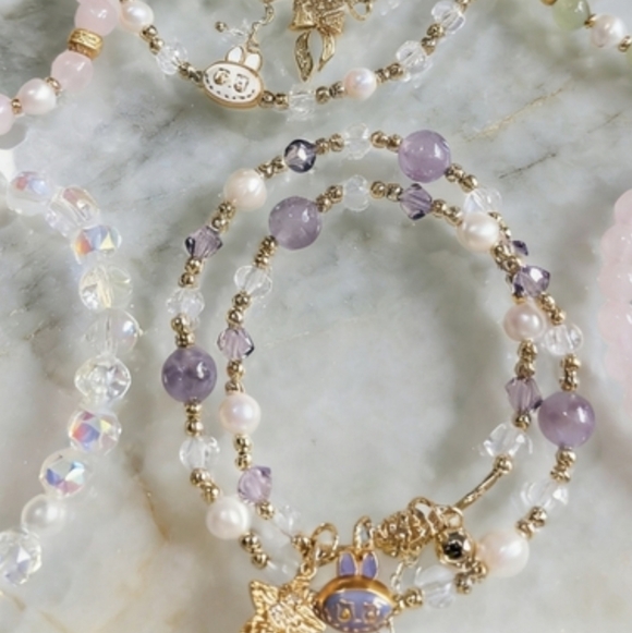 Labubu Inspired Double-Strand Lavender Crystal & Pearl Bracelet - Picture 4 of 8